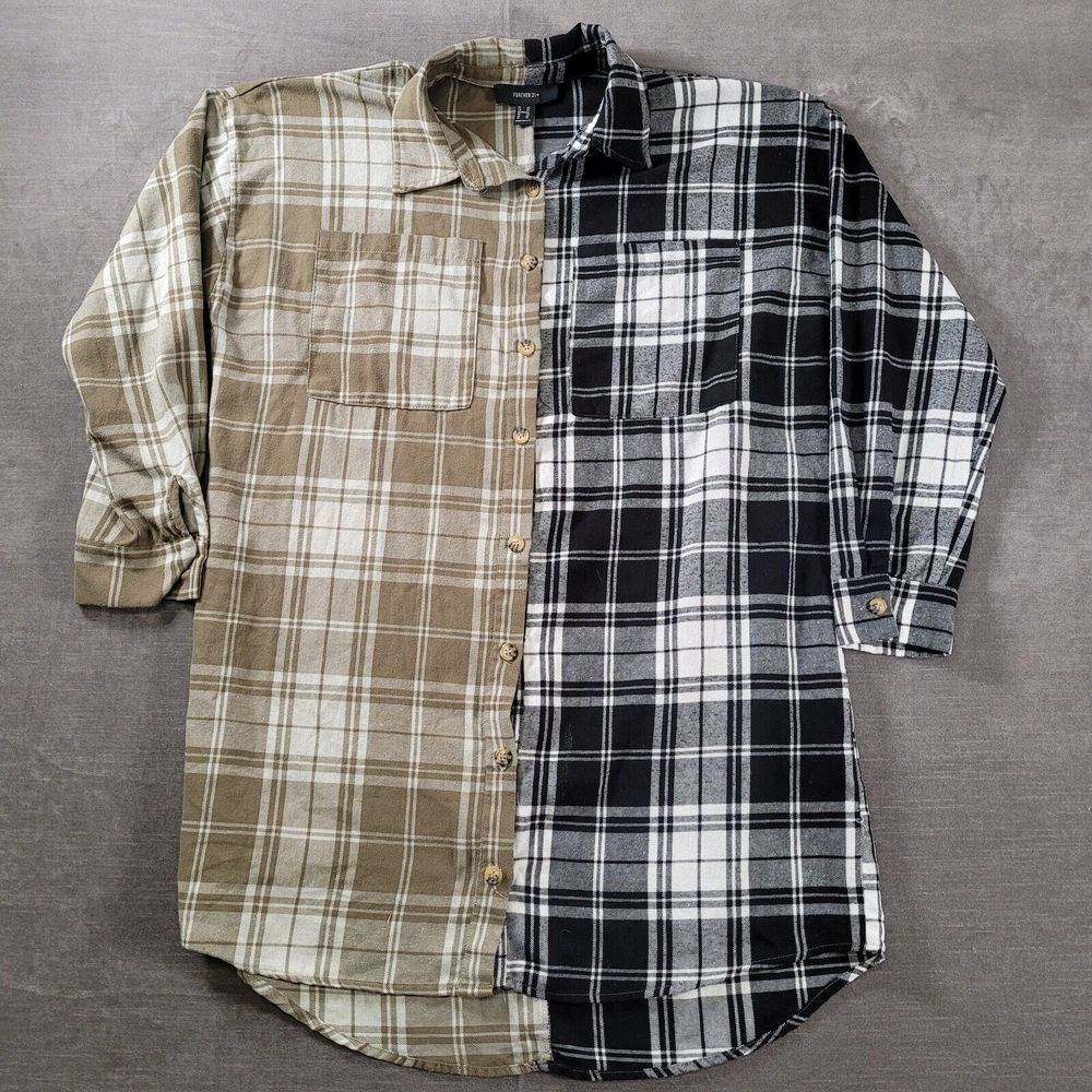 Forever 21 Plus Size 0X Patchwork Flannel Shirt Button Up Grunge‎ Plaid Top